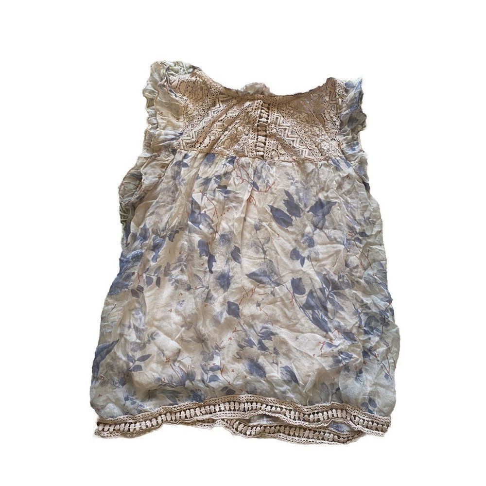 Elena Baldi Blouse Top Silk Floral Pink Grey Ruffle Romantic Embroidered Small